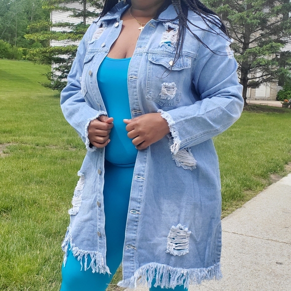 - Long Distressed Jean Denim Jacket - Picture 2 of 3
